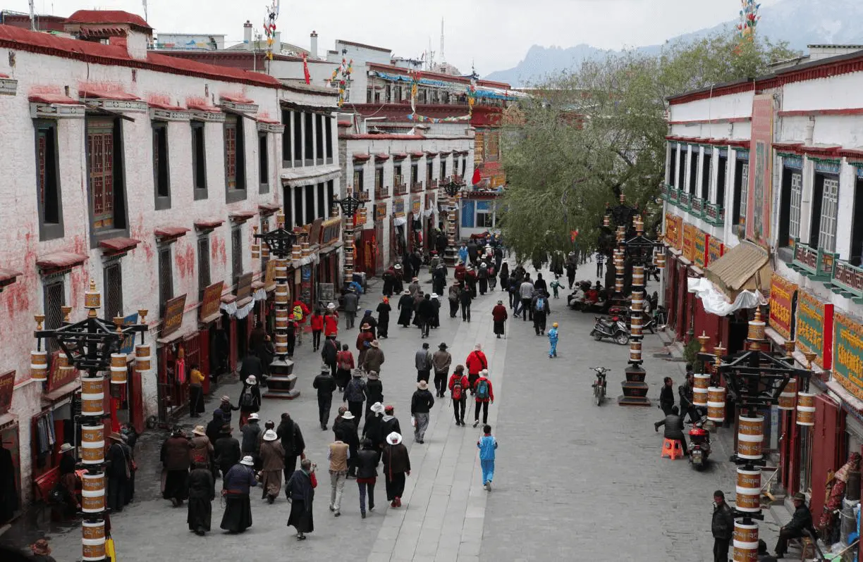 Pilgrims walking the Barkhor circuit in Lhasa in winter sunshine