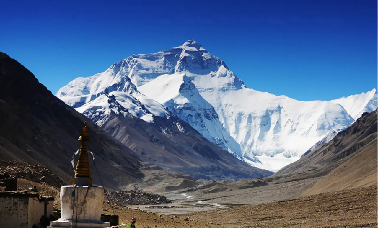The north face of Mount Everest under a clear winter sky