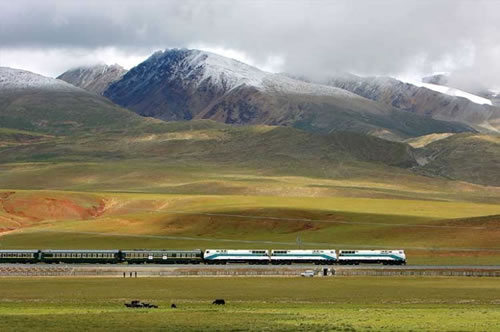 Tibet train against the spring scenery